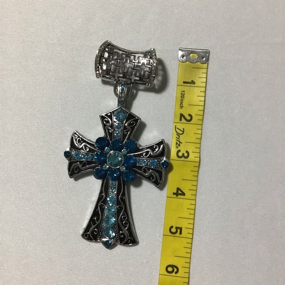 Silver and Blue Chunky Style Rhinestone Cross Pendant - Picture 5 of 7